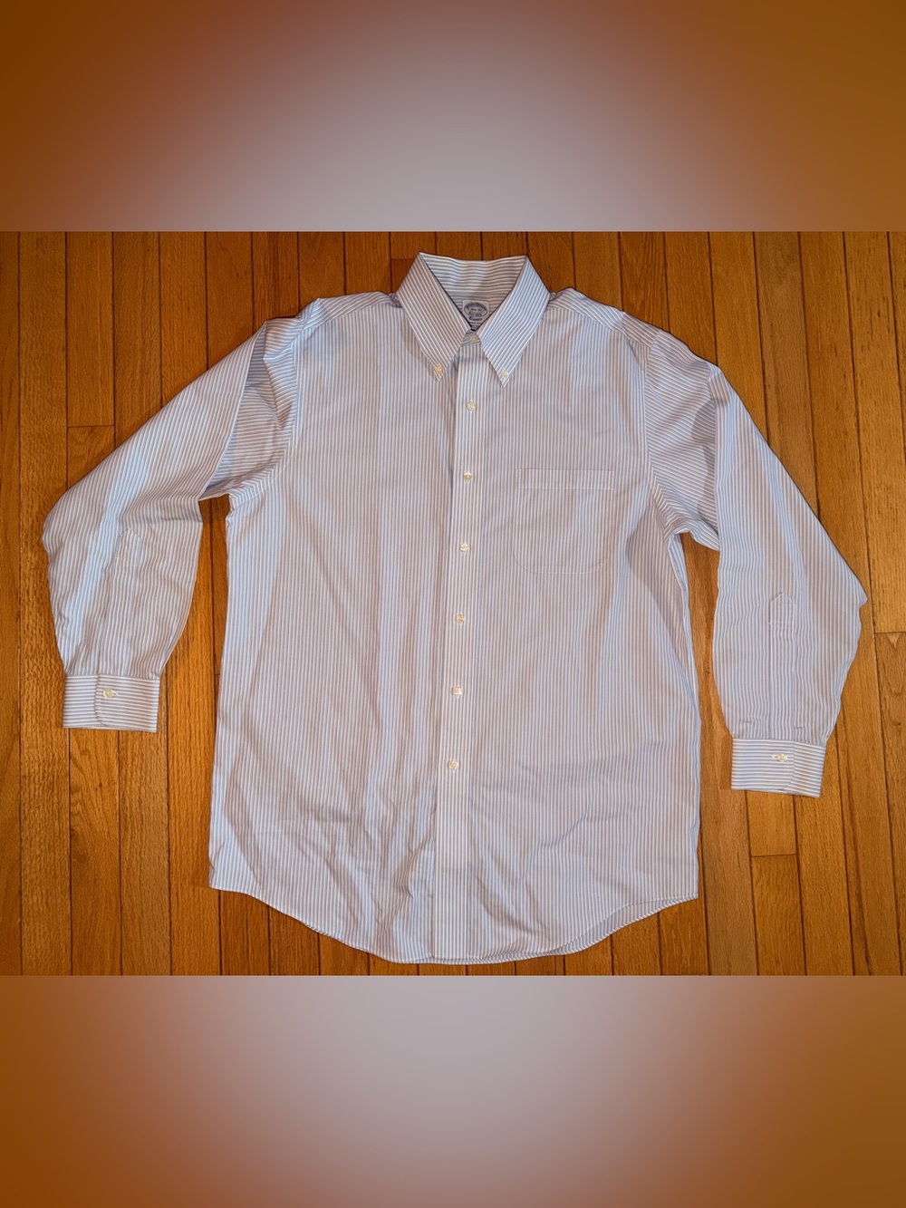 EUC men’s Brooks Brothers blue white striped button down size 15.5 x 33” long